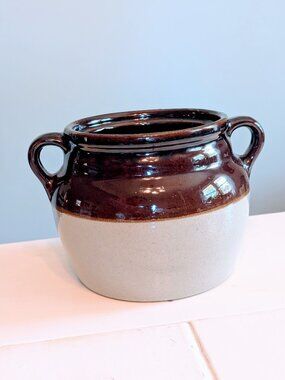 Antique Monmouth USA Stoneware Bean Pot Crock Maple Leaf 1930s 6" x 6" Cottage